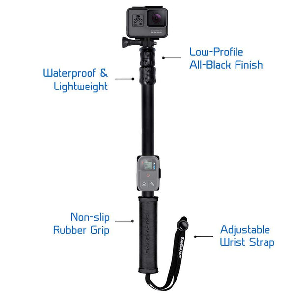 (Refurbished) - Waterproof Extension Pole (Selfie Stick) - with Remote Clip (Mount) - SANDMARC Pole - Black Edition: 17-40”